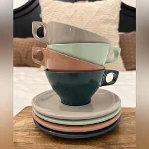 Vintage MCM Boontonware Belle Melamine Matching Cups & Saucers 4 Two Piece Sets